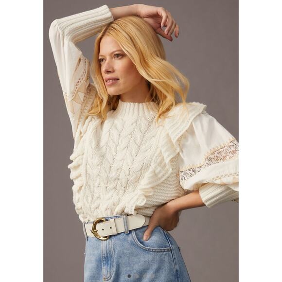 By Anthropologie Mixed Cable Knit Ruffle Sweater Petite - Picture 1 of 9